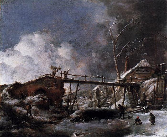 Philips Wouwerman Winter Landscape with Wooden Bridge Norge oil painting art